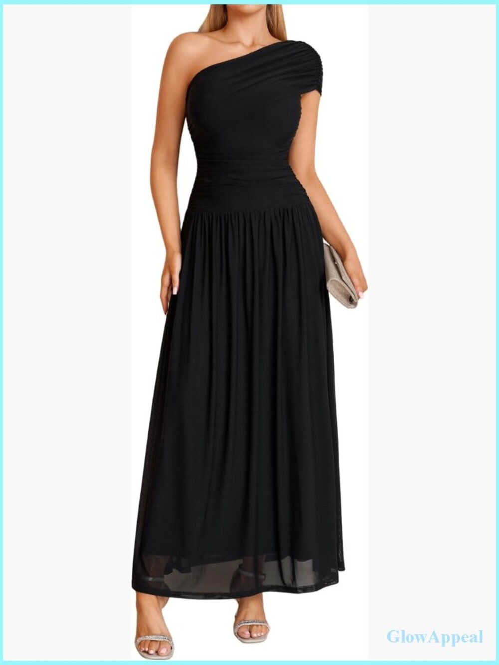 One Shoulder Ruched Maxi Dress Flowy Mesh Formal Prom Dress